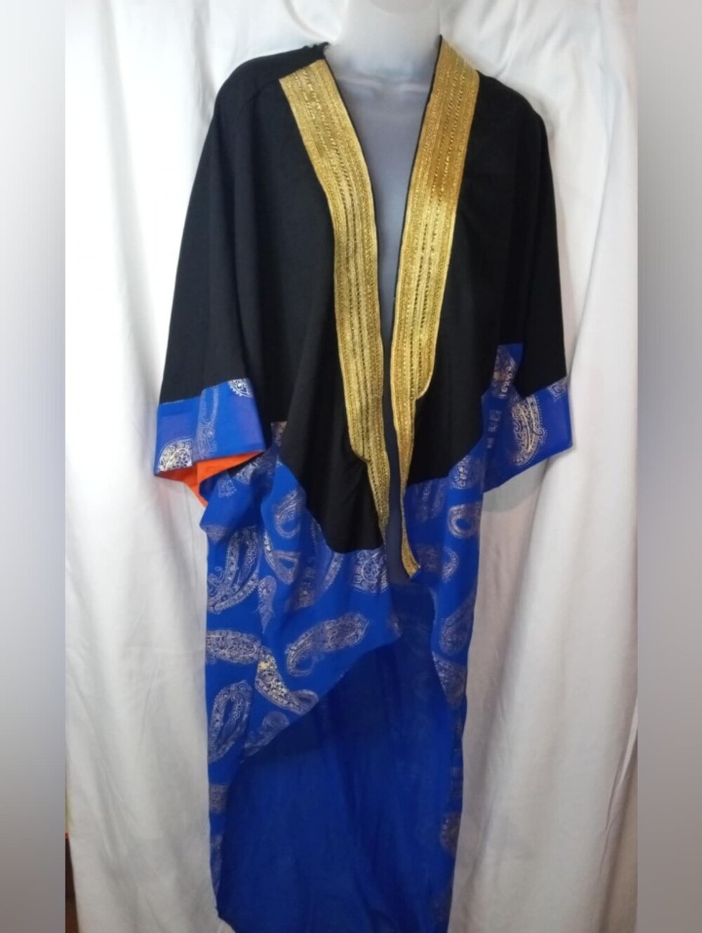 Black Blue Gold Trim Bisht Arabian Abaya Paisley Orange Sleeve Mens Womens 2